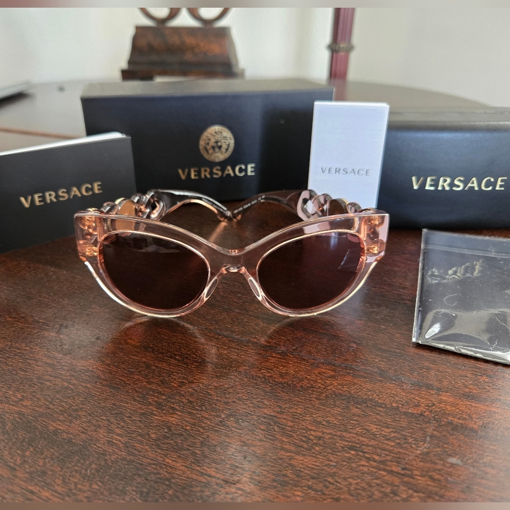 Versace Pink Transparent Frame Sunglasses with Dark Brown Lenses